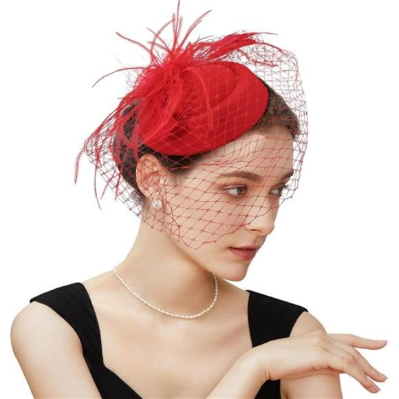 Fascinator Hat Veil Feather for Women red - Picture 1 of 5